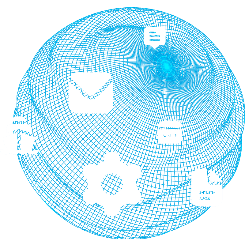 Planeta dibujado con finas lineas azules con iconos sobre el